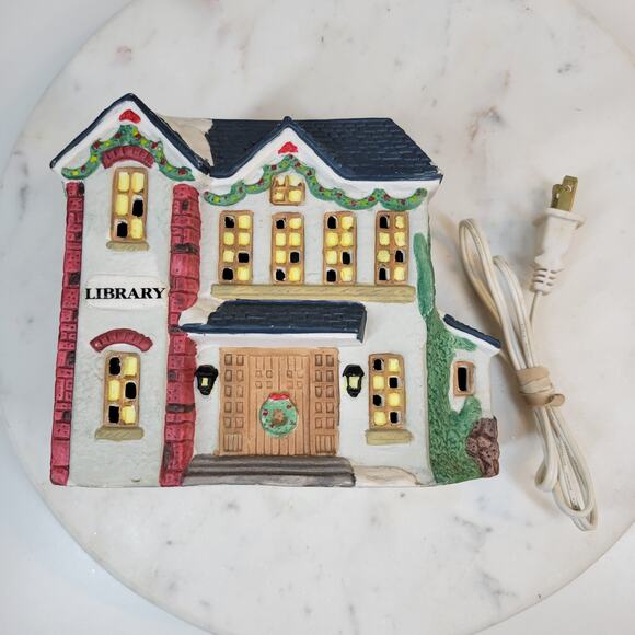 VINTAGE Winter Valley Lighted Library 6" Ceramic Christmas Holiday Decor 1994 - Picture 7 of 12